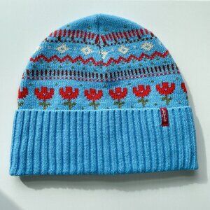 Levi's Flower Knit Foldover Beanie Powder Blue Nordic Unisex One Size OS Pom Pom